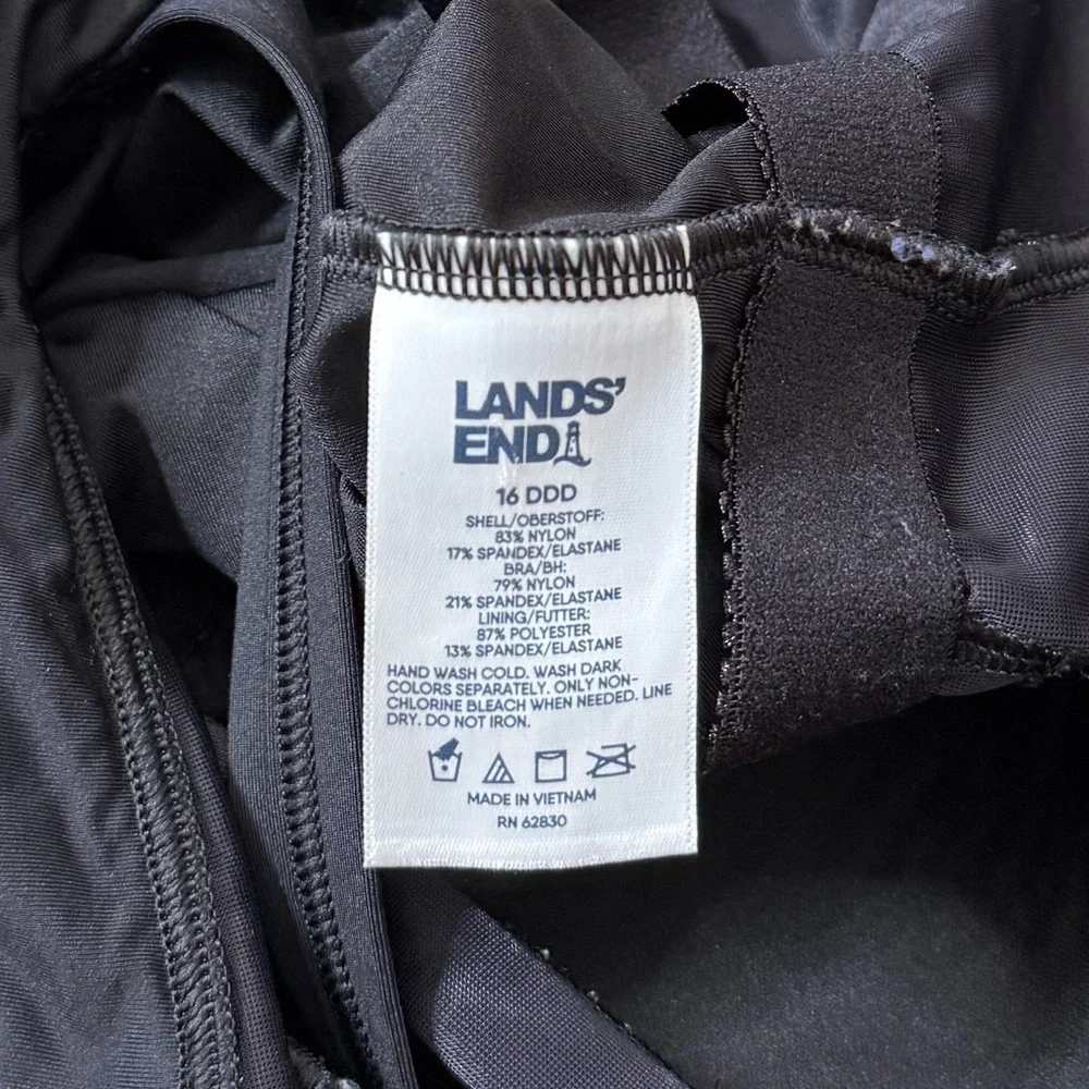 Lands End Swim Dress One Piece Swimsuit Swimdress High Neck Black White 16 DDD